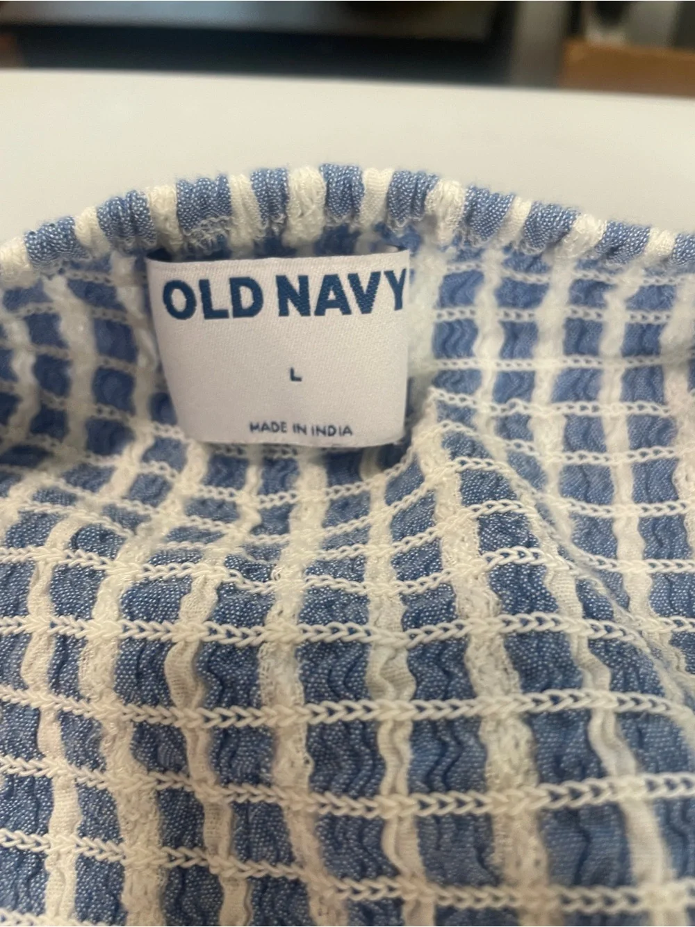 Old Navy Blue and White Striped Wrap Puff Sleeve Top